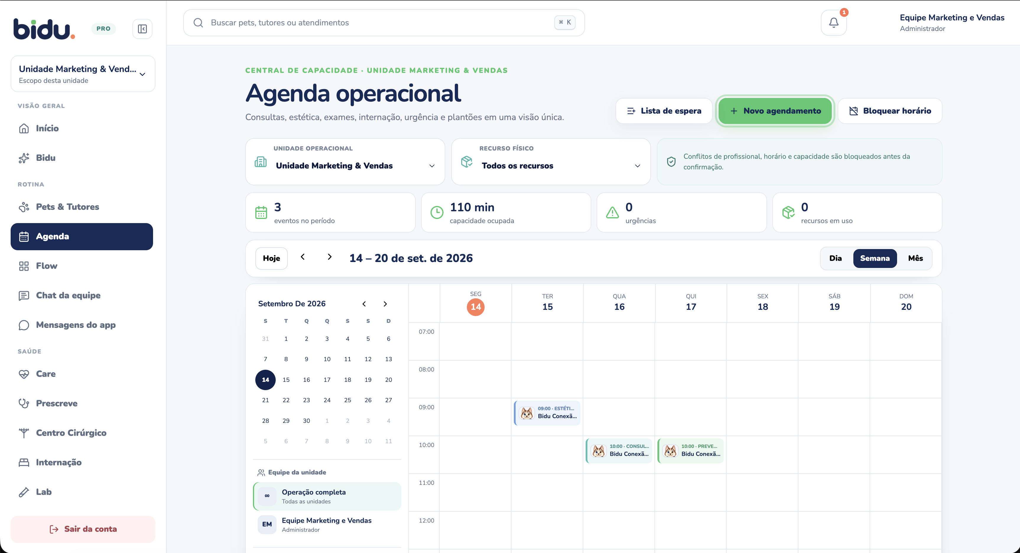 Visão semanal na Agenda do Bidu OS, com dados de demonstração